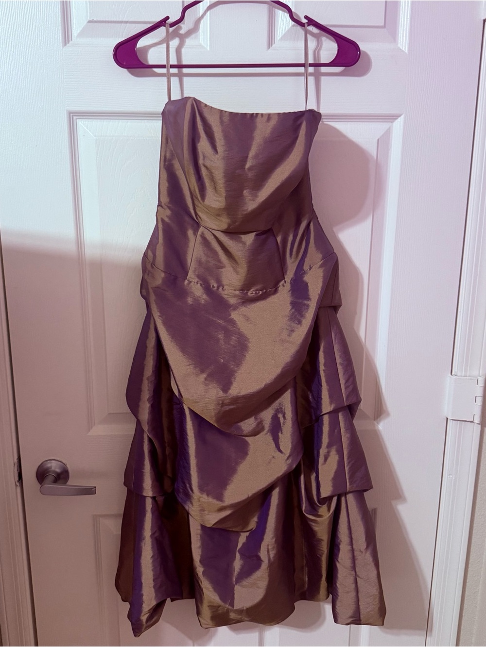 DaVinci Shimmery Olive Strapless Tiered Cocktail Dress